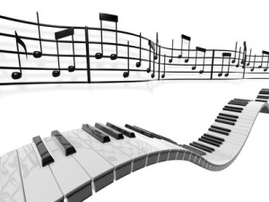 A musical score waving and bending behind some piano keys over a white background.